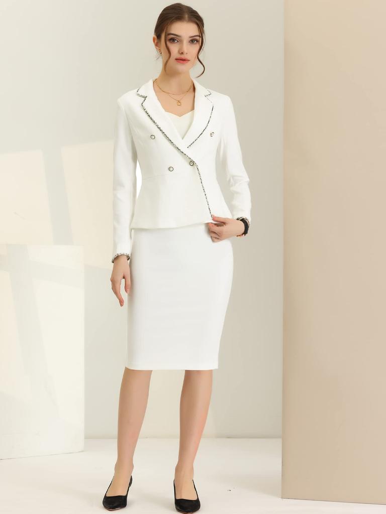 Allegra K Women's Two-Piece Blazer and Skirt Set, White with Tweed Trim, Size M