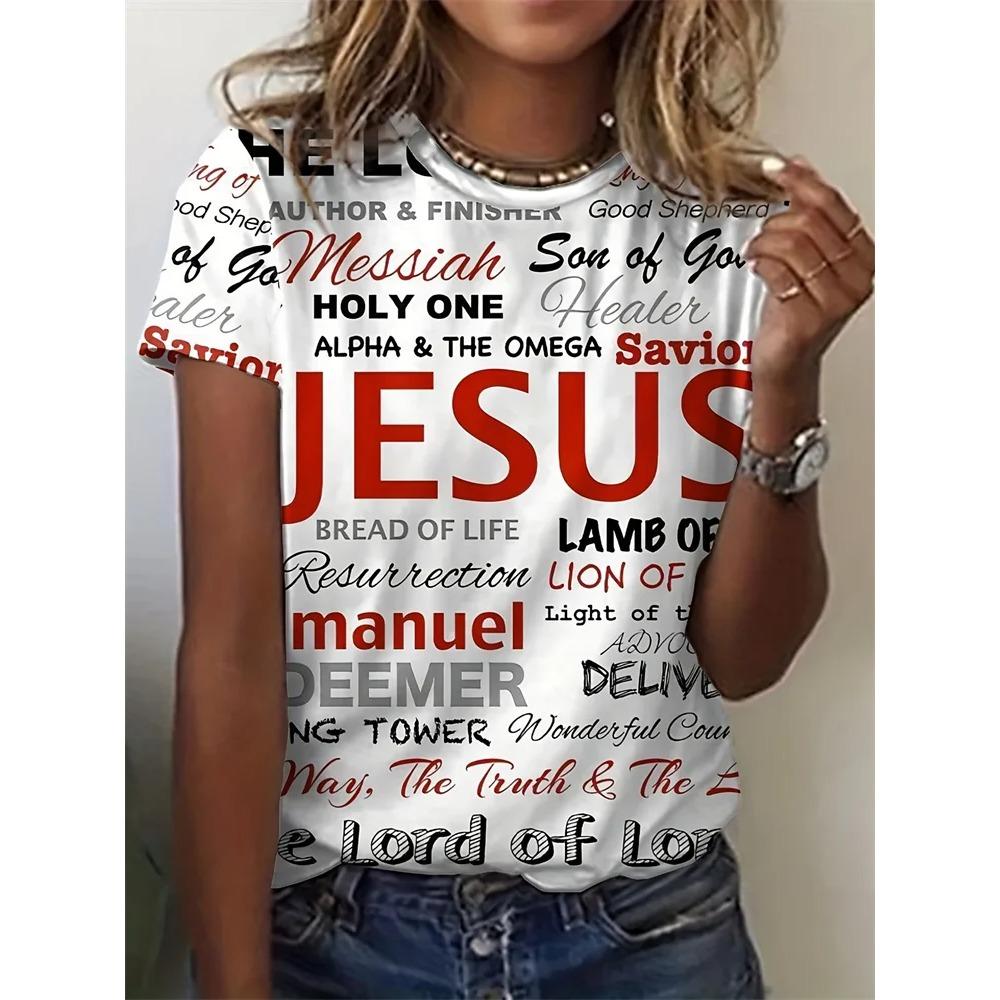 Easter Women's Casual T-shirt Jesus Alphabet Print Women's Crew Neck Short Sleeve Top Everyday Street Fashion Women's Y2k Tops