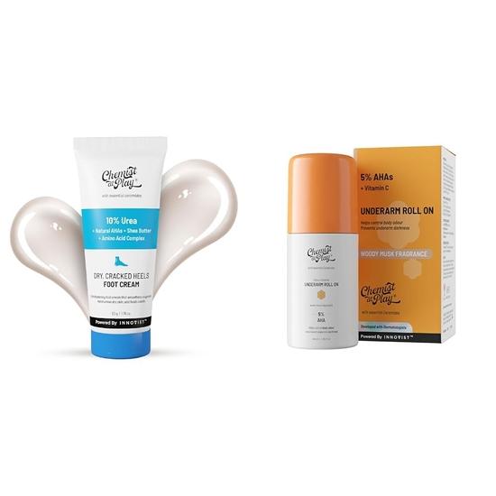 Chemist At Play Foot Cream for Cracked Heels & Diabetic Foot Lightweight | 50g + UnderArm Roll-On Deodorant with 5% AHA | 40ml