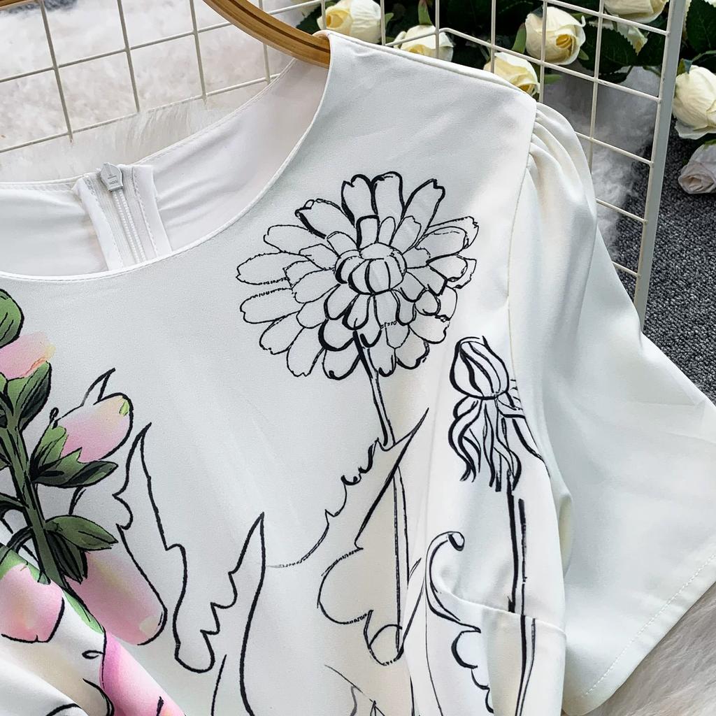 2026 New Summer Women Floral Print Short Sleeve Midi Long Elegant Gorgeous Bridesmaid Cocktail Party Dress with Round Neck