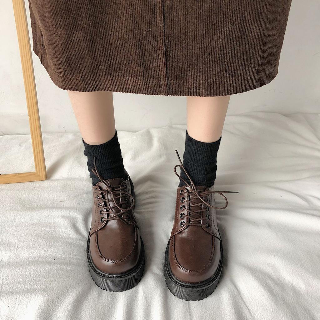 Fashion New Thicksoled Women's Shoes British Style Roundtoe Single Footwear Fashion Lace Up Leather Shoe Casual Comfortable Ladies Shoes
