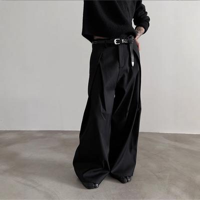 Men's Pleated Front Wide Leg Pants Cleanfit Black Solid Low Waist Dressy Trousers Office Work Casual Clothes