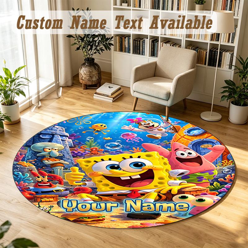 Round Rug Custom NameSpongeBob Pattern Non Slip Carpet Home Floor Decor