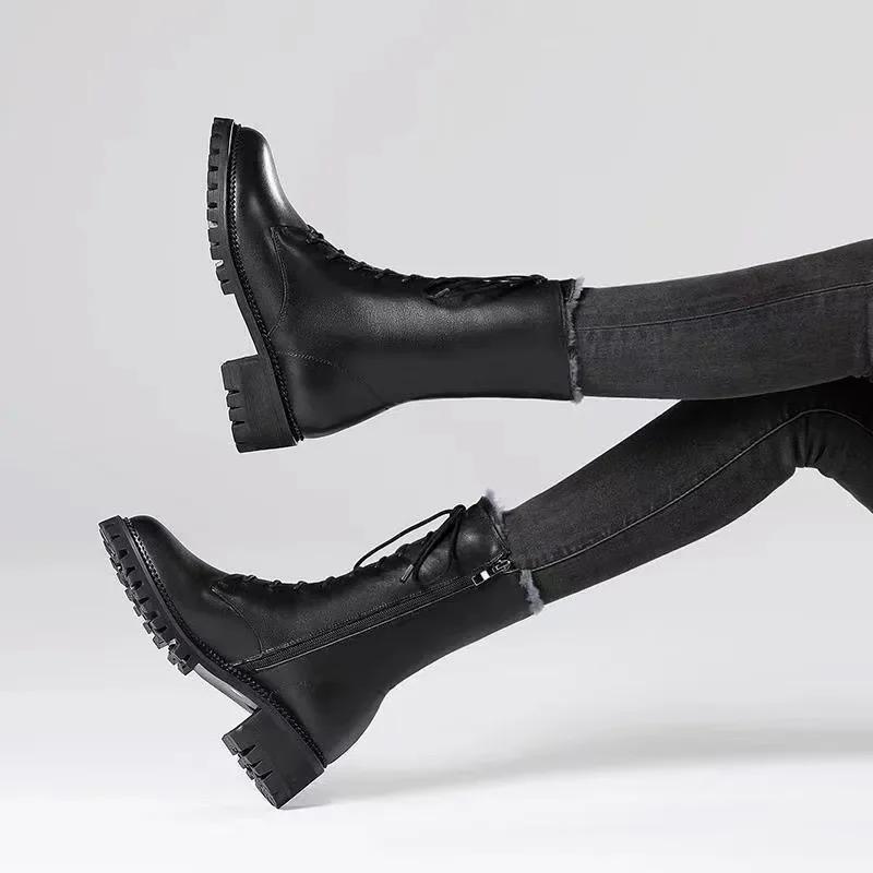 Fashion High Top Boots Women 2024 Thickened High Heel Lacing Double Zip Shoes for Women Mid Calf Boots Chunky Heel Platform Women Boots