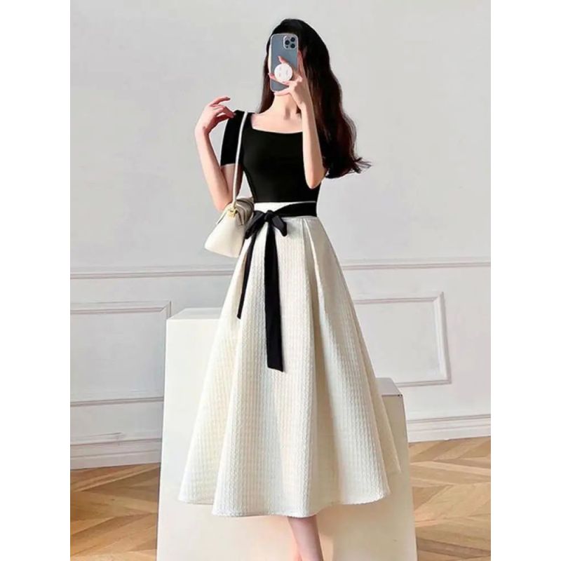 Short-Sleeve Skirt Strappy Dress Elegant Women's Short-Sleeved Skirt Tied Dress