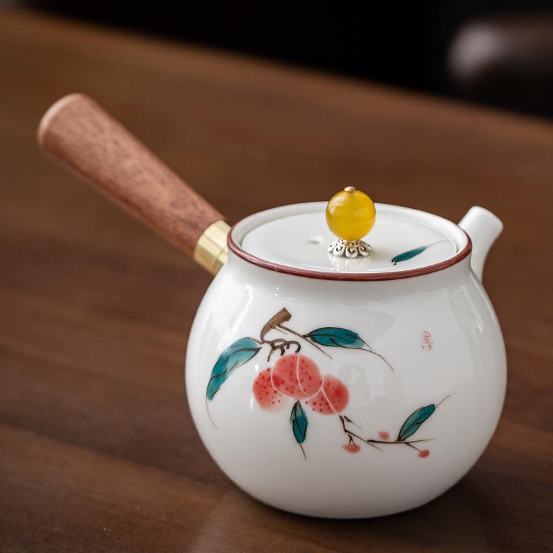 Hand-painted Mutton Fat Jade White Porcelain Teapot Single Pot Hand with Handle Side Handle Teapot Xishi Pot Kung Fu Tea Set Tea