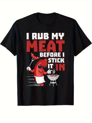 Men's Cotton Graphic T-Shirt with Funny BBQ Slogan and Cartoon Design - Black Crew