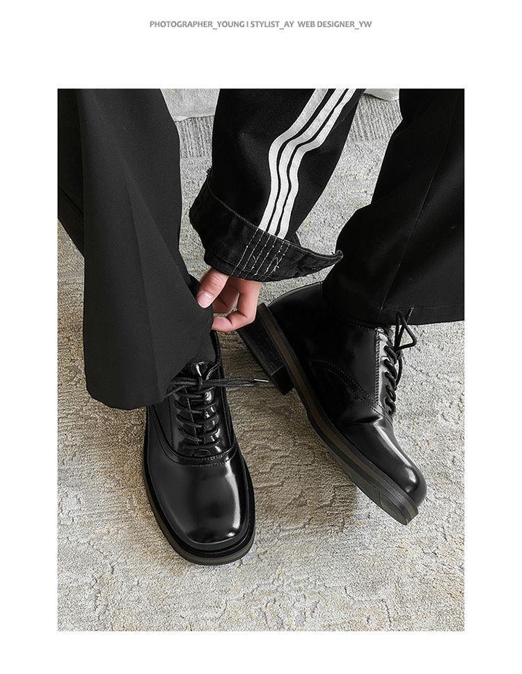 Men's Black Square Toe Leather Shoes - High-End British Style, Formal, Thick Sole, Height Increasing, Low-Top, Ideal for Commute or Wedding Groom.