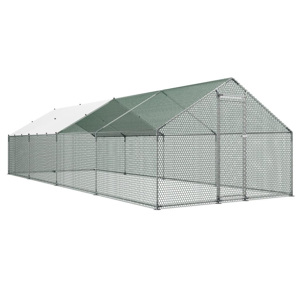 VEVOR Large Metal Chicken Coop, 3 X 8 X 2 M, Walk-in Chicken Runs with Waterproof Cover, Spire Roof Hen House Enclosure with Lock