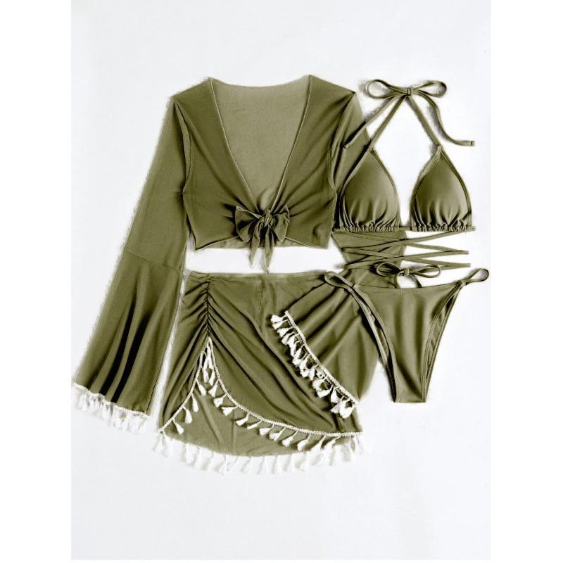 

Новый консервативный четырехпредметный однотонный топ с бахромой, сетчатая юбка, модный купальник-бикини для женщин XL армия зеленый