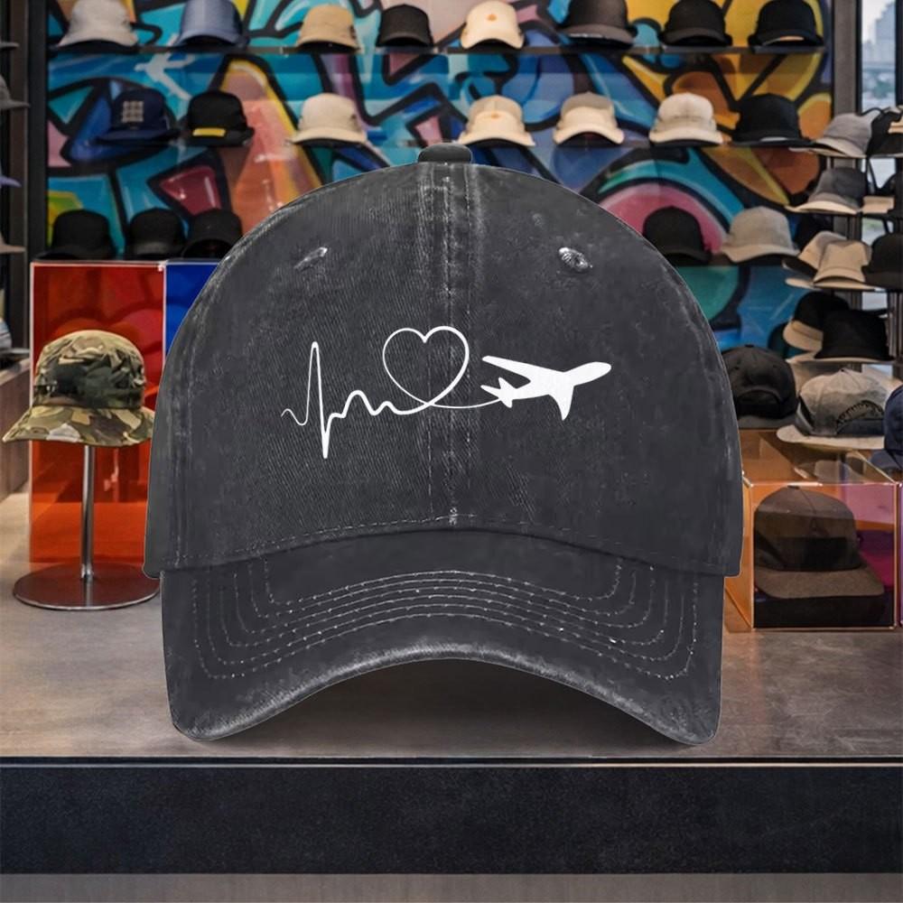 Airplane Heartbeat ECG Print Washed Baseball Cap Vintage Adjustable Cotton Outdoor Travel Hat