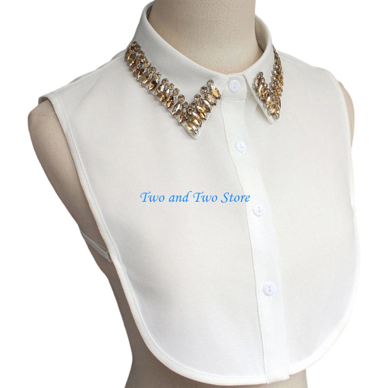 HX6F Women s False Collar Rhinestones Detachable Collar Half Shirts Blouse