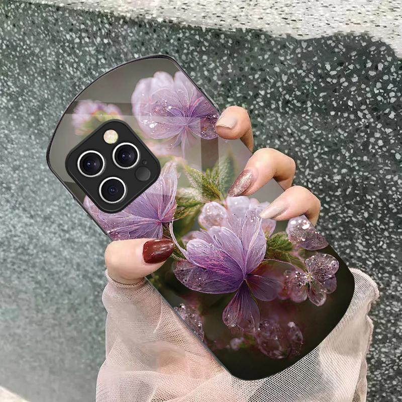 Pink Crystal Flower For iPhone 16 15 14 13 Plus 12 Mini 11 Pro Max XR Xs X 7 8 6 6S 2022 Elliptical Tempered Glass Phone Case