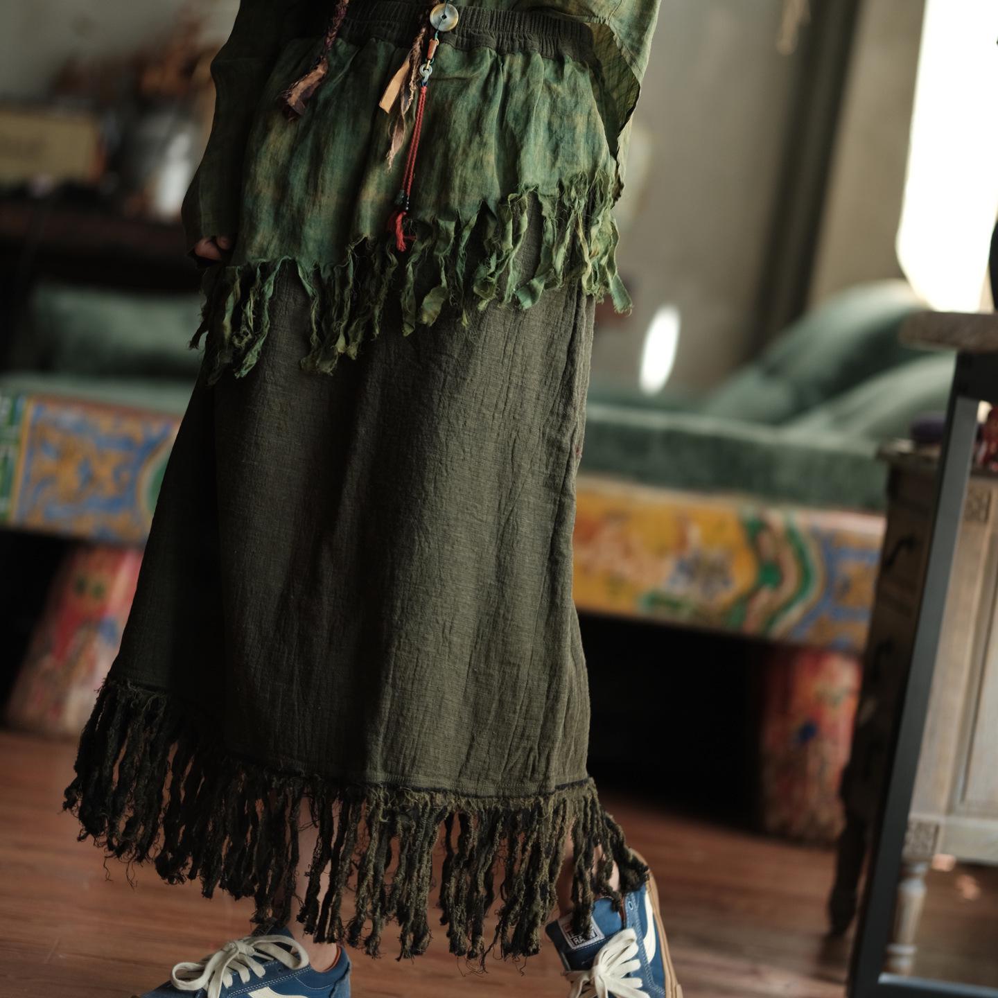 Retro Artistic Green Tassel Half Skirt - Cotton Linen with Color Blocking & Double Layer Design One Size