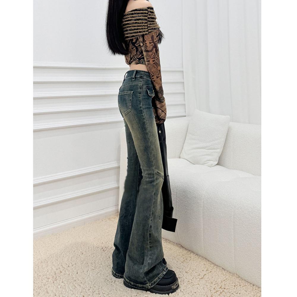 Niche high street micro-pull jeans women's spring and autumn new high-waisted design horseshoe horn jeans tide