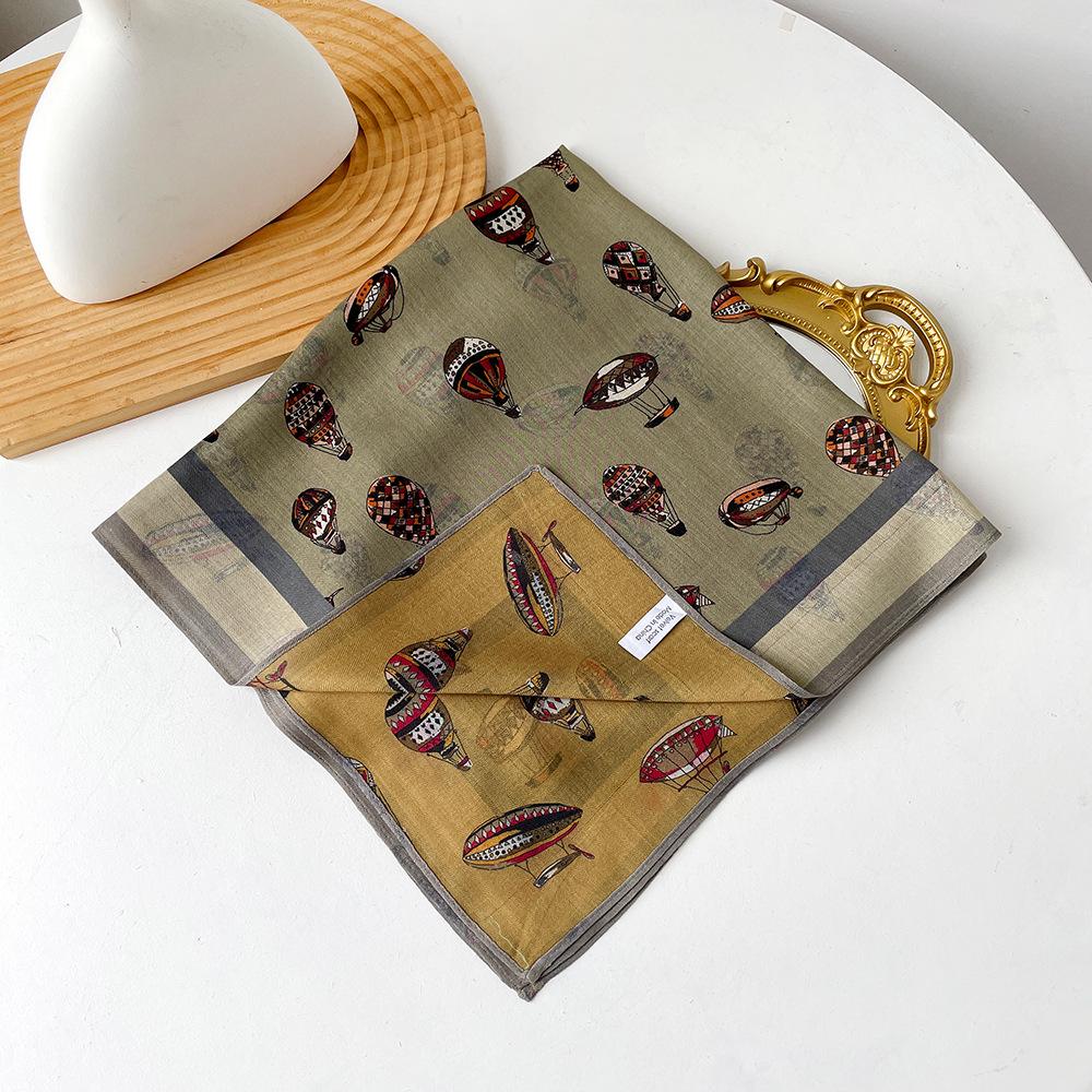 Retro Flower Silk Scarf Autumn and Winter Temperament Elegant Scarf Herringbone Silk Scarf Double-sided Literary Square Scarf Cotton and Linen Square