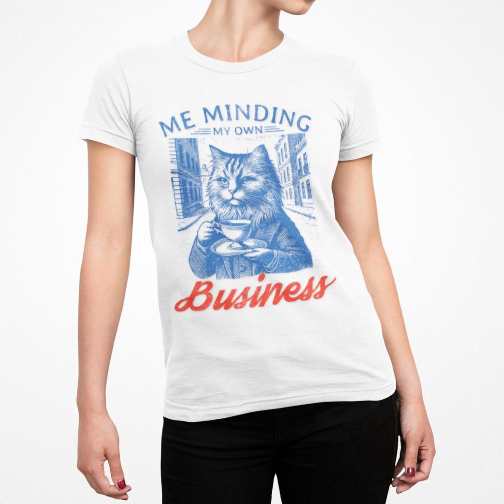 Mind My Own Business Cat T-Shirt Vintage Retro Style Gift Tea Drinker
