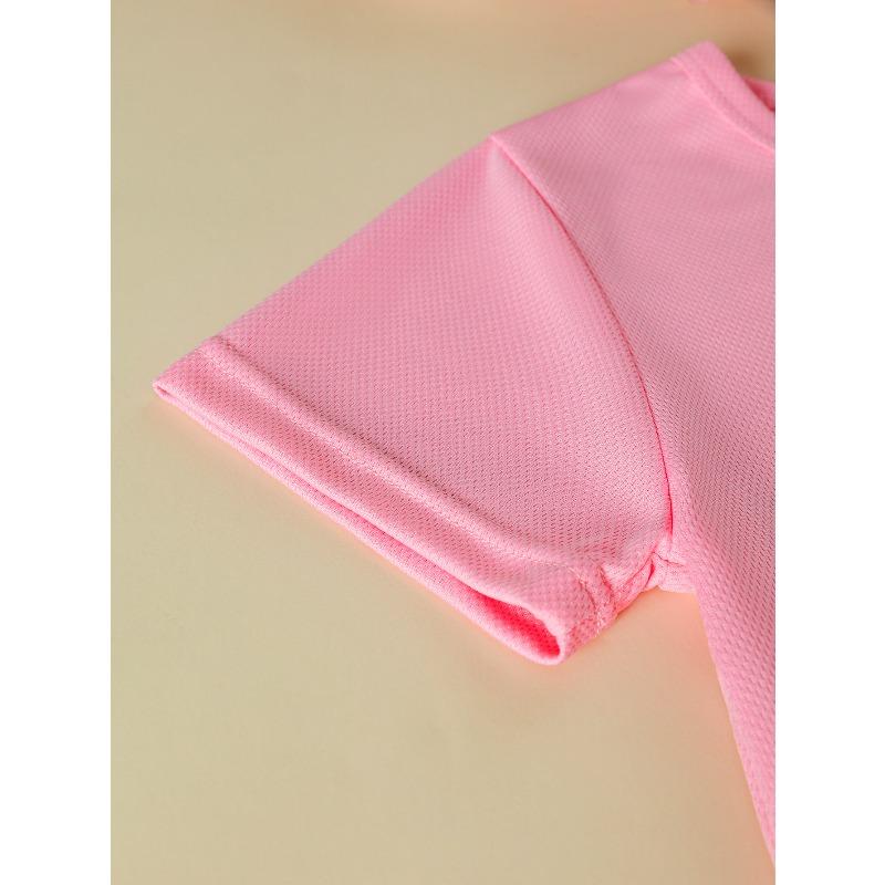 European Size Girls Round-neck Short-sleeved T-shirt with Cartoon Pink Little Dinosaur Pattern Print