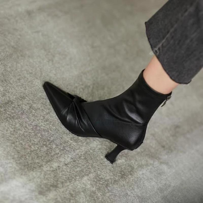 Fashion Temperament High Heel Boots Autumn New Pointed Toe Pleated Anti-Slip Wear-Resistant Rear Zip Booties