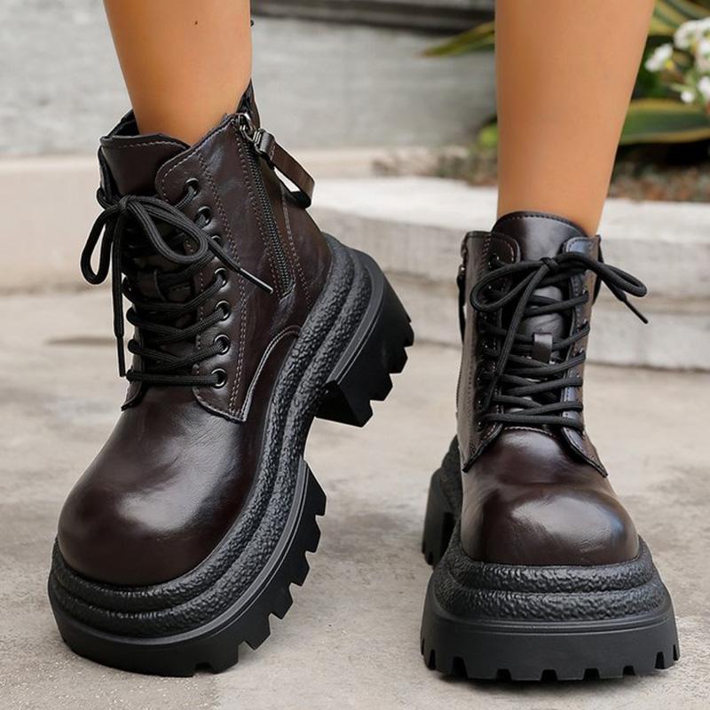 Fashion British Style Pu Leather Boots Women High Heel Chunky Platform Ankle Boots Woman Fashion Lace Up Zipper Up Booties Ladies
