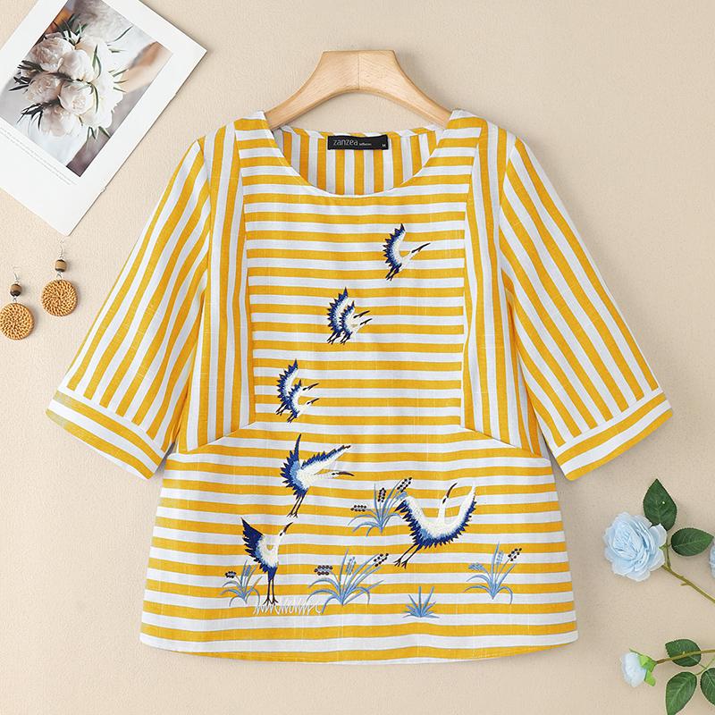 ZANZEA Blusa Feminina Casual Gola Redonda Manga Meia Estampa Listrada