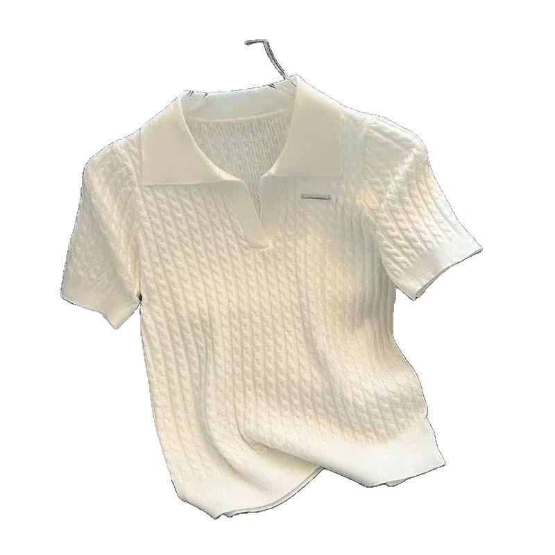 Women's Slim Fit Knitted T-Shirt with Turn-Down Collar – 2025 Summer Fashion