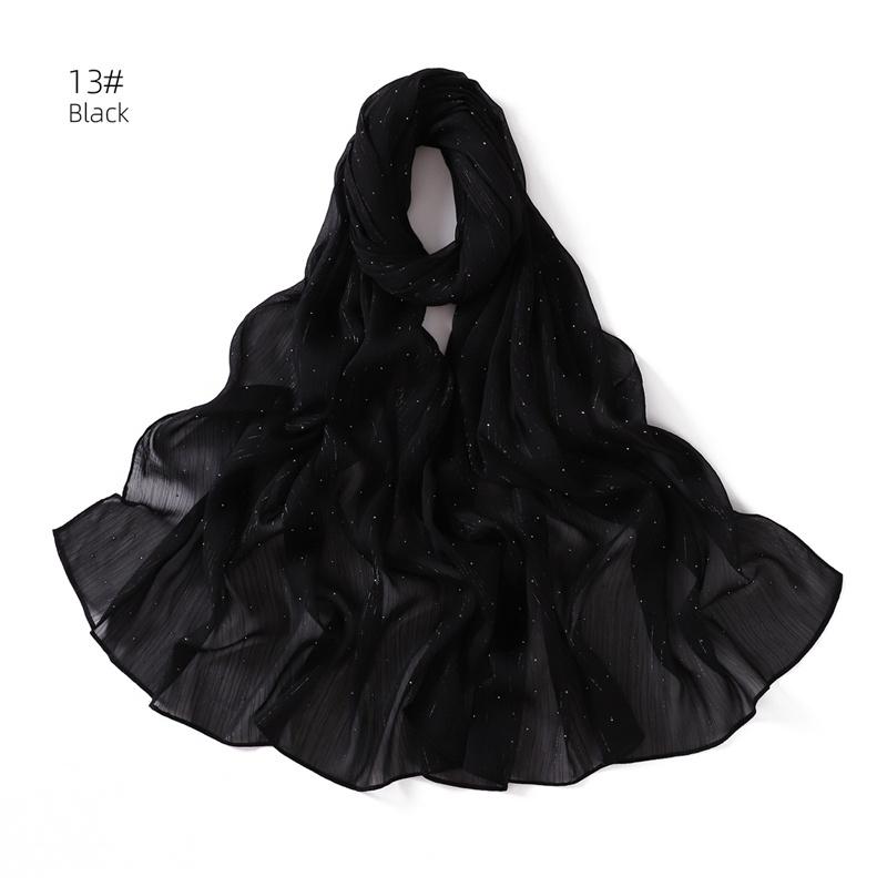 175*70cm Islamism Solid Color Silver Wire Diamond Chiffon Scarf Muslim HIjab Wrinkles Women's Headscarf Shawl Ramadan