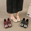 French Thick Heel Square Head Mary Jane Small Leather Shoes Women's Spring 2025 New Rhinestone Square Buckle Light Mouth Color Matching Shoes