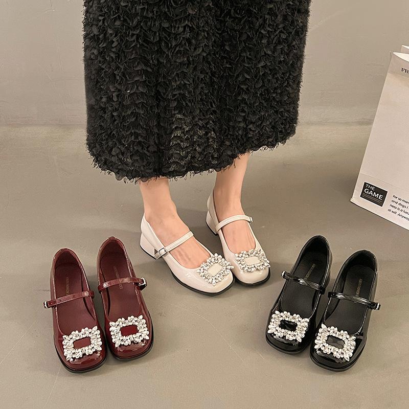 French Thick Heel Square Head Mary Jane Small Leather Shoes Women's Spring 2025 New Rhinestone Square Buckle Light Mouth Color Matching Shoes