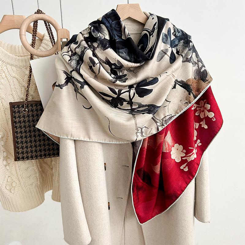 Autumn And Winter Warm Silk Wool Big Scarf For Women'S High End Double Sided Double Color Silk Wool Scarf Fashion Shawl