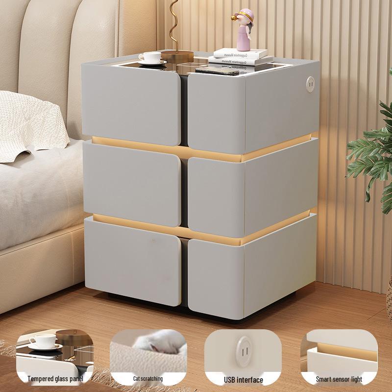 Solid Wood Smart Bedside Table with Wireless Charging, Modern Minimalist Design, Three-Layer Storage, Floor-Standing for Small Apartments.
