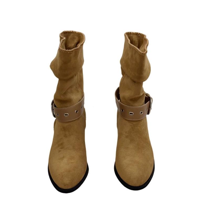 Retro Womens Faux Suede Western Cowboy Ort Boots Women's Autumn Winter Fashion Booties Pointed Toe Crumpled Booties Comfortable