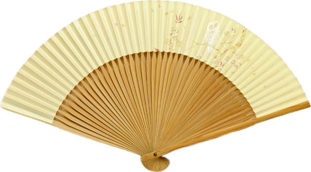 

Kyoto-style fan with owl design, made in Japan. Double-sided construction, expertly crafted by artisans. Symbolizes good fortune and business