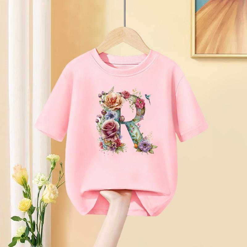 Girls T Shirt Custom Name Letter Combination Print Tshirt Flower Letter Font A B C D E F G Short Sleeve Kids Pink Tops