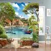 Cortina de Ducha con Escena Costera Mediterránea con Barcos, Edificios y Flores Florecientes para una Decoración de Baño Pintoresca