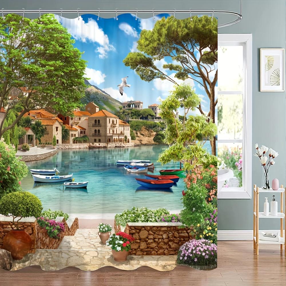 Cortina de Ducha con Escena Costera Mediterránea con Barcos, Edificios y Flores Florecientes para una Decoración de Baño Pintoresca