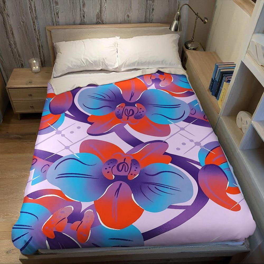 Blue And Red Orchid Illustration Flannel Blanket Warm Soft Halloween Christmas Couch Warm Cozy Decorative Decor For All Season