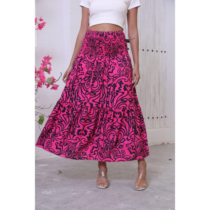 

Vintage Boho Skirt For Women Elastic Waist Bohemian Printed Rose Red L