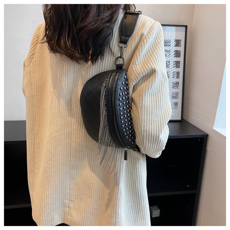 Rivet Small Bag Women's New Fashion Versatile Fringed Dumpling Bag Wide Shoulder Strap Women's Breast Bag Waist Bag