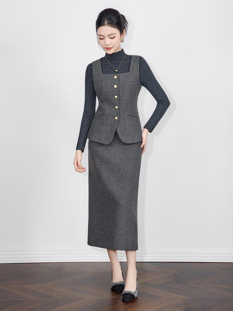 Women's Elegant Woolen Vest & Knit Base Layer with Back Slit Skirt Set