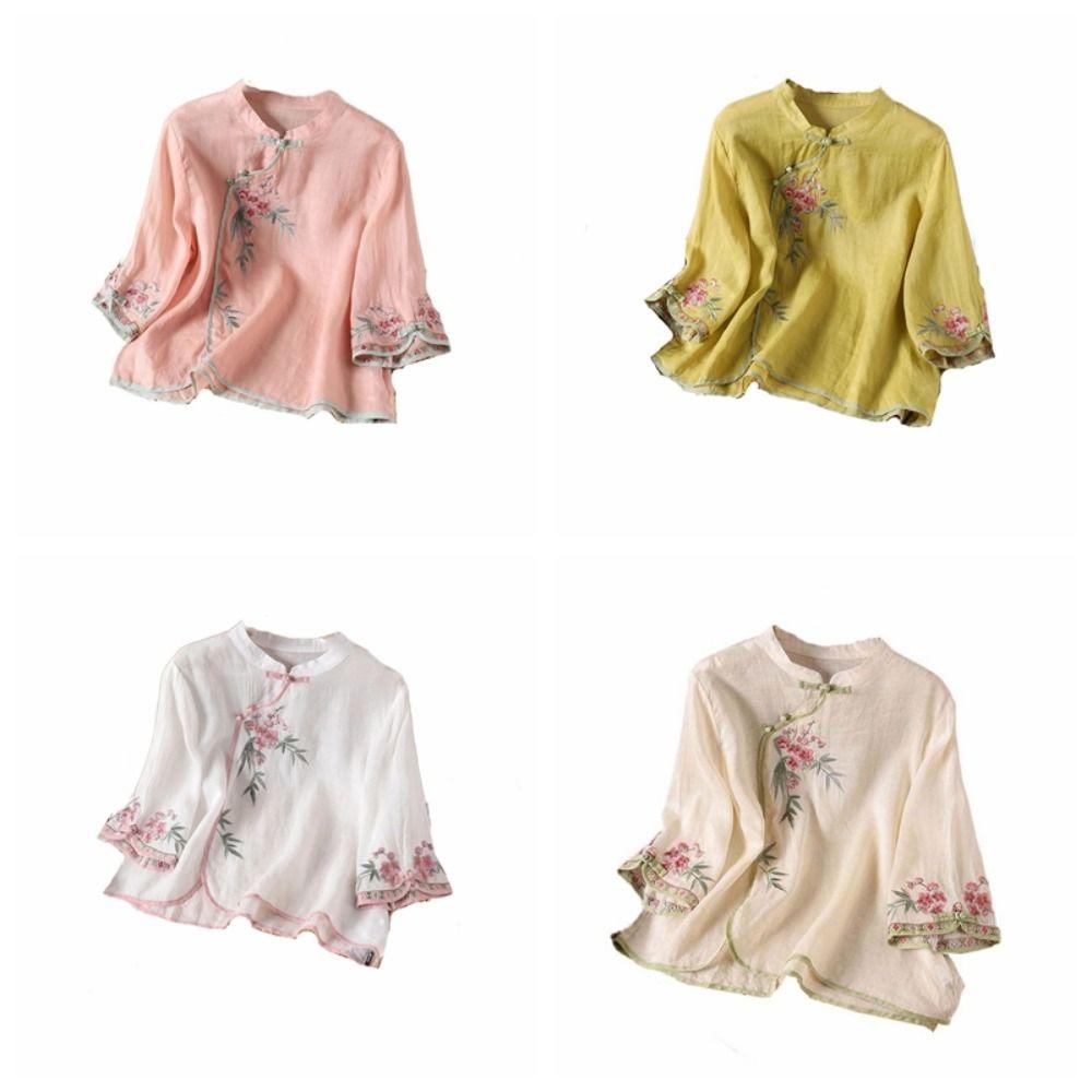 Retro Embroidered Floral Top Frog Button Ethnic Style Top Short Sleeved Shirts  Spring/Summer