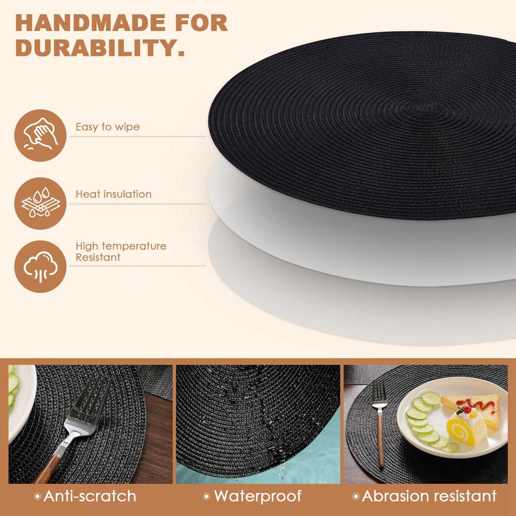 M-Modern-Round Braided Placemats Set Of 6 Table Mats For Dining Tables Woven Washable Non-Slip Place Mats 15 Inch Halloween Blac