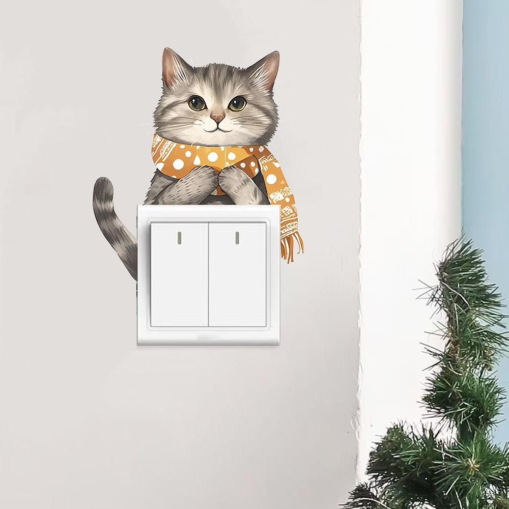 Self-adhesive Cute Cartoon Cat with Scarf Switch Stickers Waterproof for Living Room Kids Room Wall Decor Wholesale