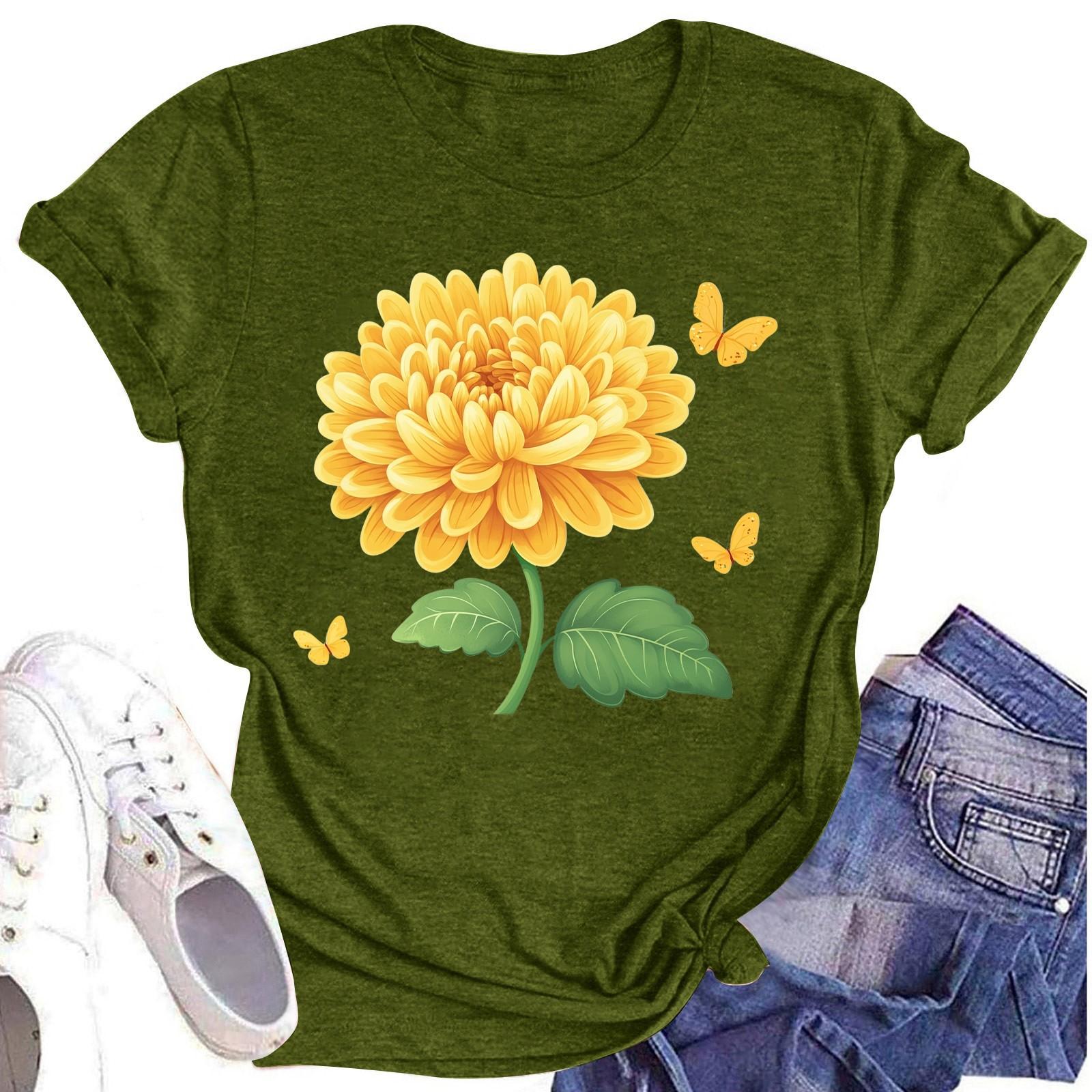 

Женская повседневная футболка с круглым вырезом и цветочным принтом, короткий рукав L армия зеленый