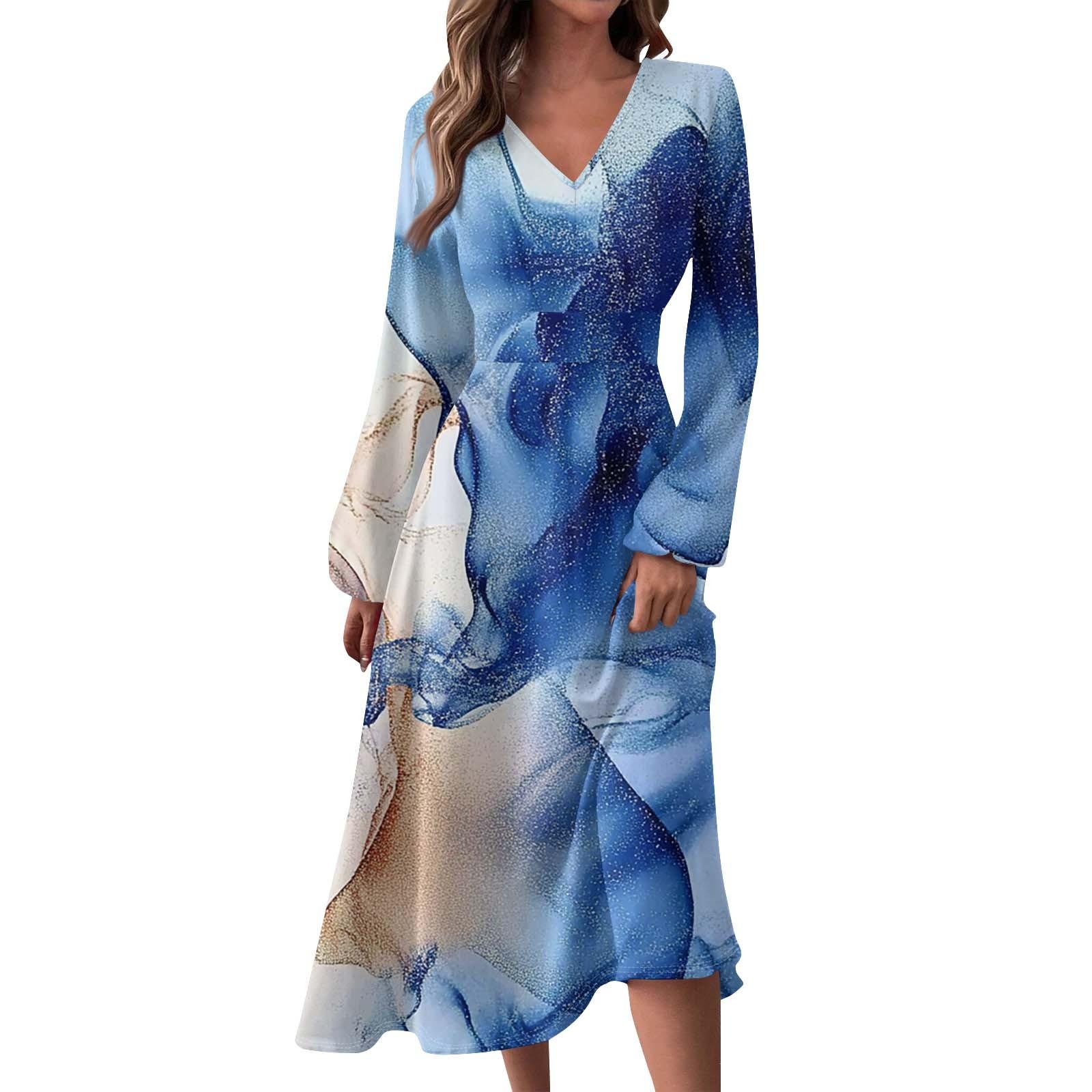 

Женское осенне-зимнее повседневное модное длинное платье с V-образным вырезом и длинными рукавами в полоску, подходящее для повседневной жизни и вечеринок XL небесно-голубой