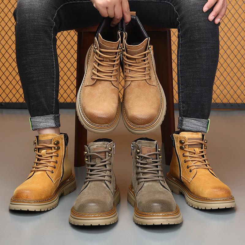 Retro Pig Leather Motorcycle Boots for Men New Designer Autumn Winter Work Boots Man Fleece Keep Warm Platform Shoes Male