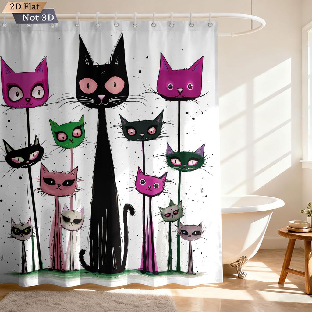 1Pc Color Cartoon Cat Print Waterproof Shower Curtain Partition Privacy Hanging Curtain, With 12 Hooks, Multiple Sizes