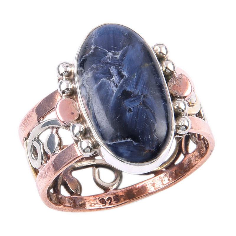Natural Pietersite Gemstone Handmade 925 Sterling Silver Two Tone Ring S.8 A6l39