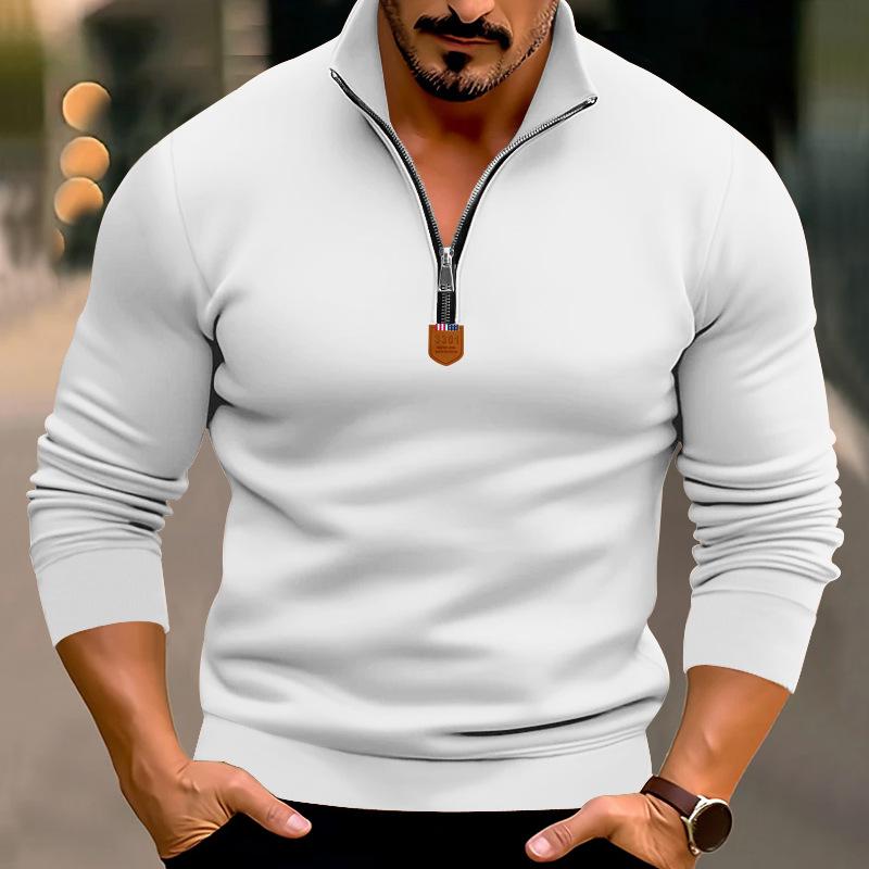 Autumn/Winter Men's Casual Fleece-Lined Solid-Colour Long-Sleeved Half-Zip Stand-Collar Sweatshirt Top