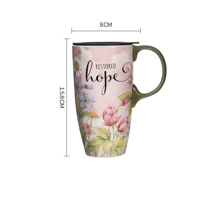 Vysoký keramický hrnek s víčkem Kreativní květinový potisk Krásné kávové hrnky na čaj Mléko, Velký objem Domácí kancelář, 500 ml, 1 ks